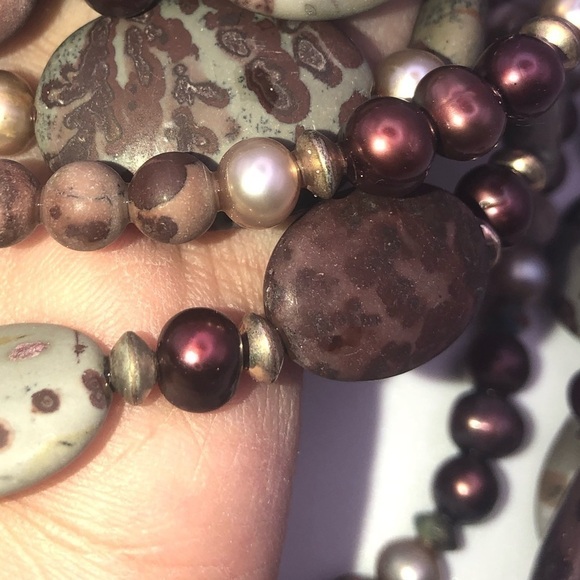 VTG Leopard Skin Jasper Freshwater Pearl Multi Colour Multi Strand Necklace 21” - Picture 6 of 7